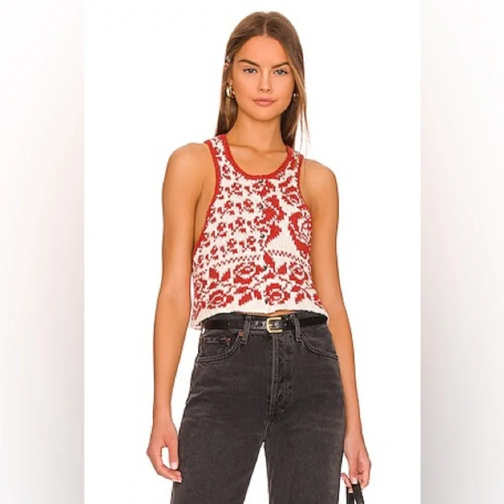 Free People Red and Cream Rose Knit Crop Tank